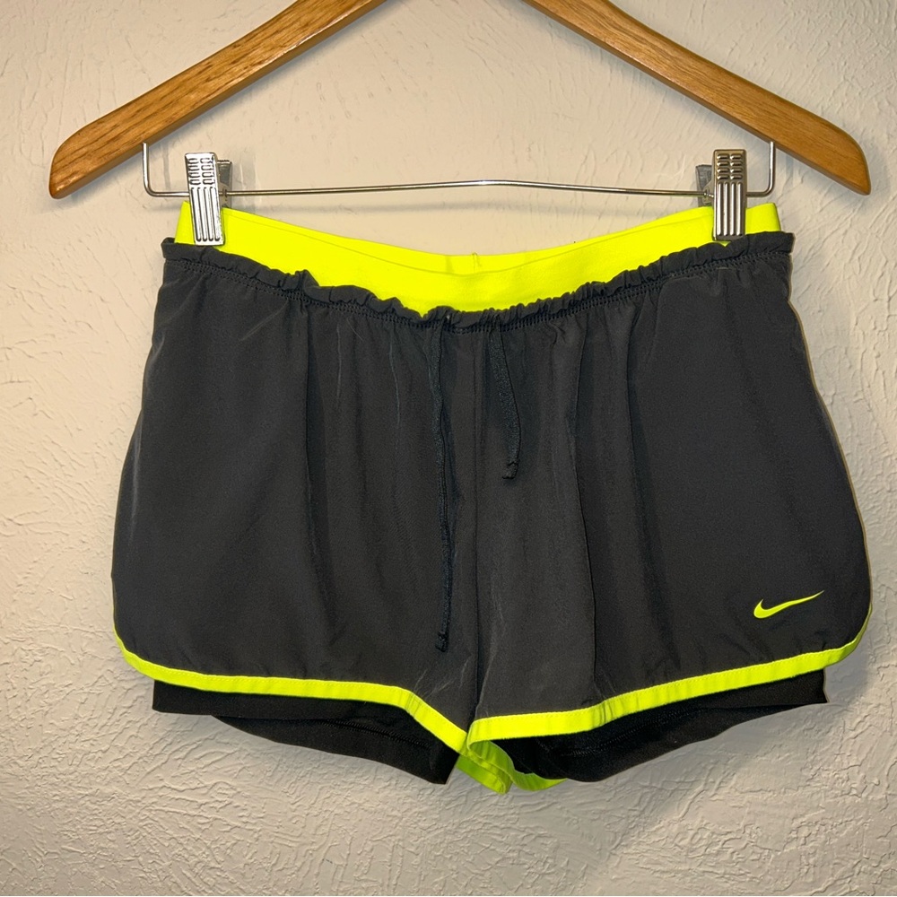 Nike Women's Dri-Fit Athletic Shorts Black with Neon Yellow Medium